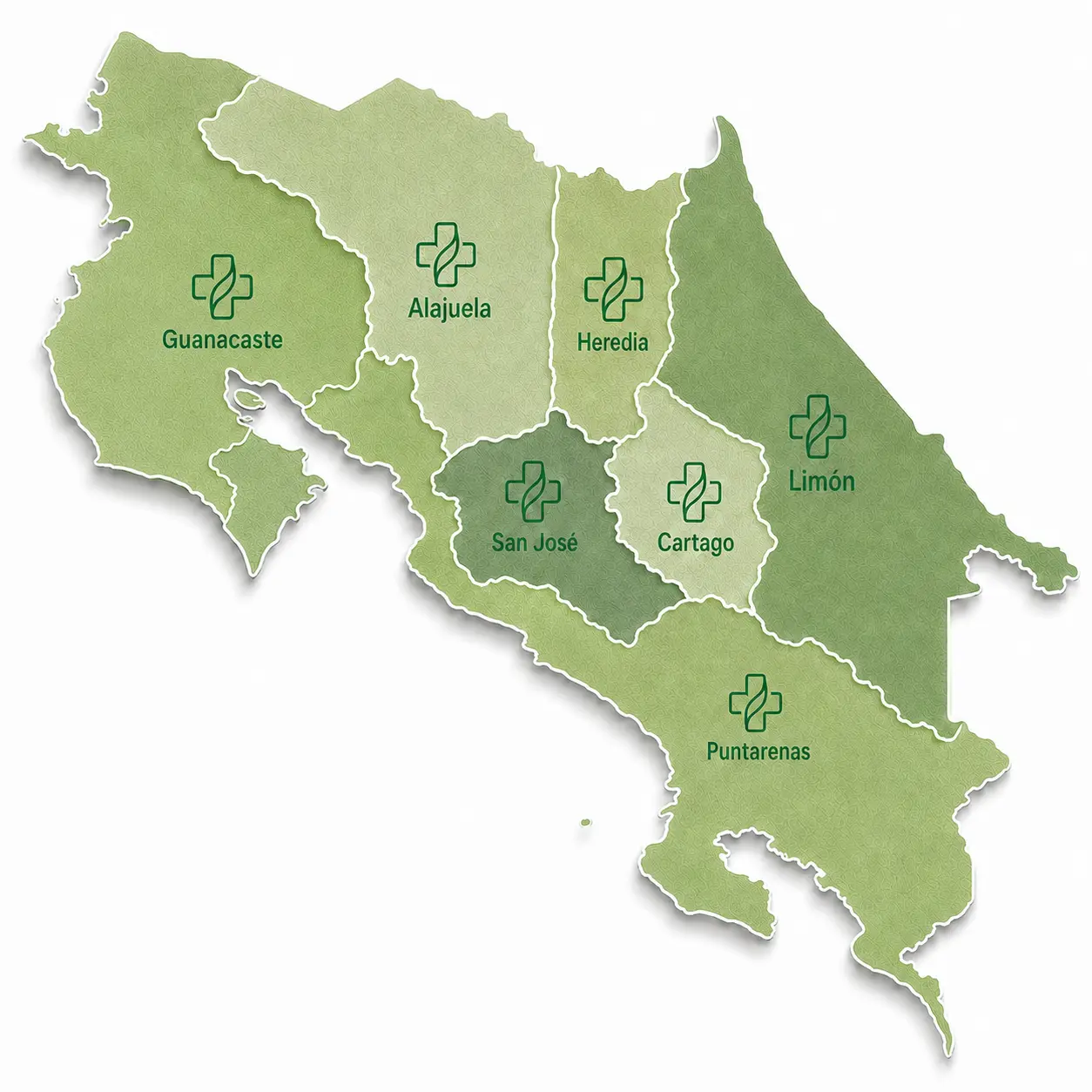 Mapa de Costa Rica con cobertura de Clínica Verde en Guanacaste, Alajuela, Heredia, San José, Cartago, Limón y Puntarenas